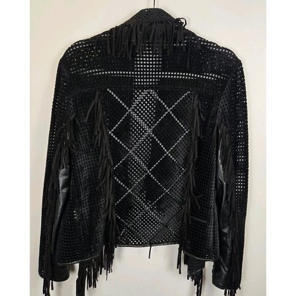 Vintage Alberto Makali Fringe Perforated Moto Hippie Rock Punk Sleeze MED Poly - Picture 5 of 9